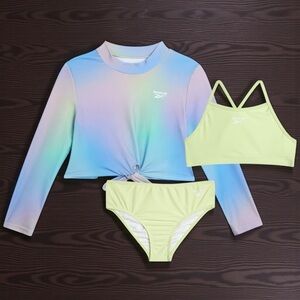 Reebok Girls 3-Piece Rash Guard Swim Set UPF 50+ - Pistachio Ombré - NWT